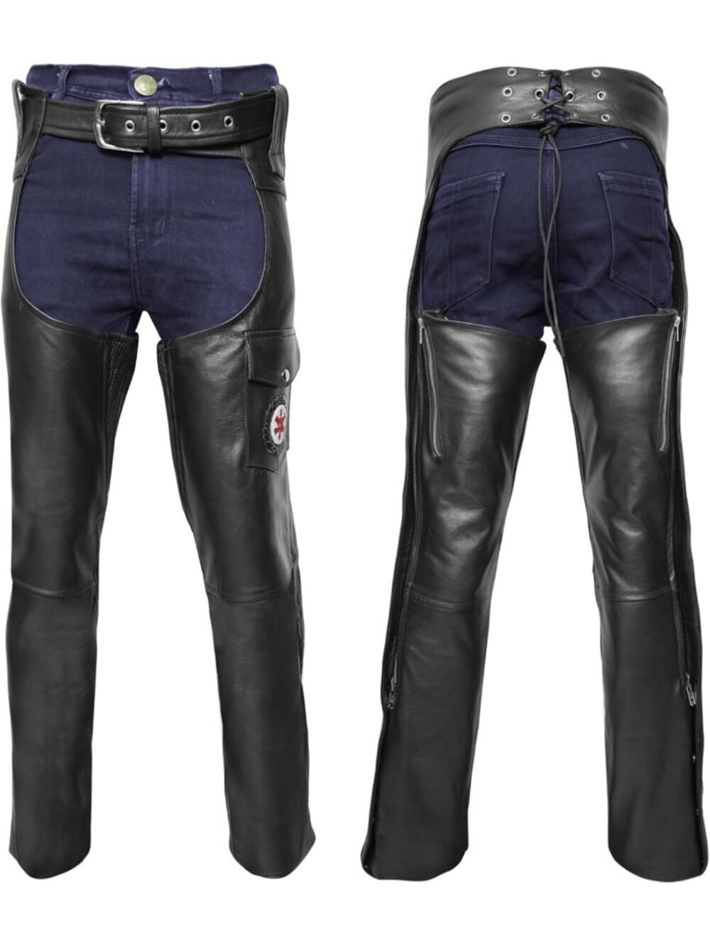 Unisex Black Leather Motorcycle Chaps for Road Rash Protection & All-Weather